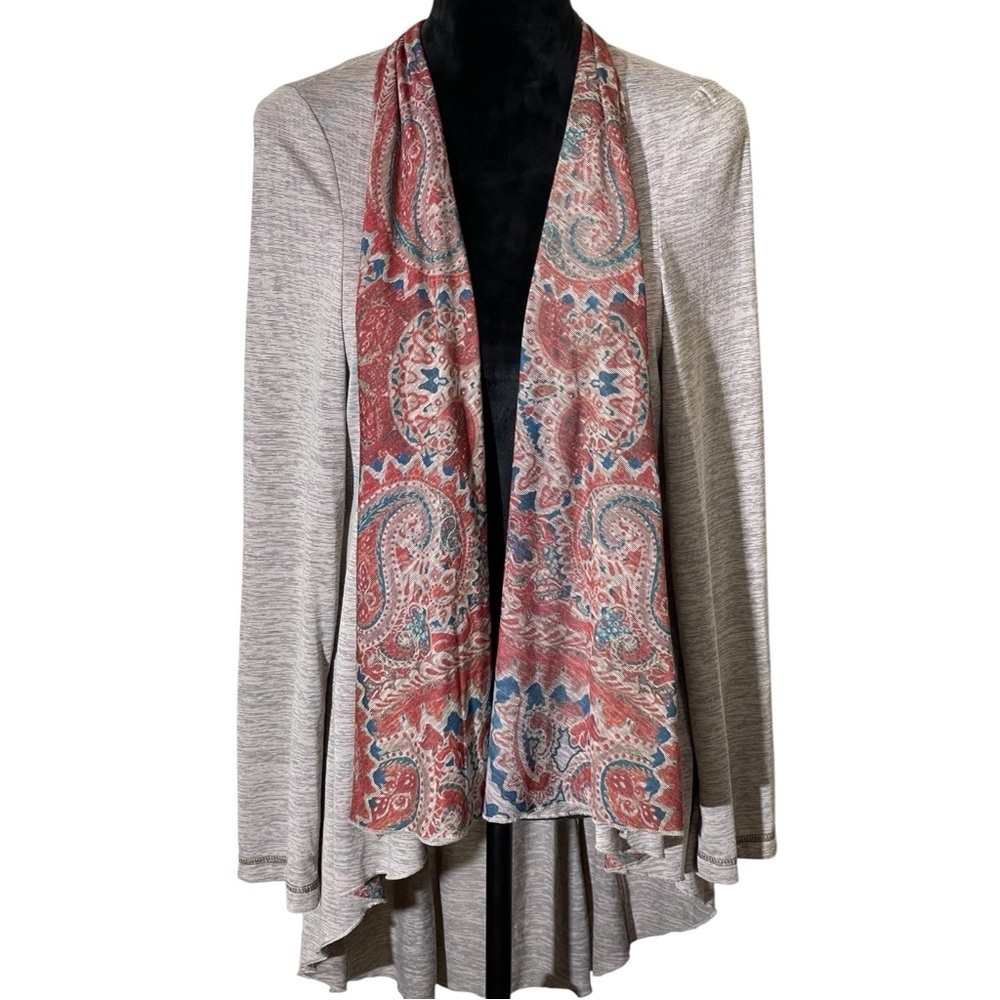 ONE WORLD BEIGE LIGHTWEIGHT CARDIGAN WITH FLORAL PRINT TRIM SZ LG EUC